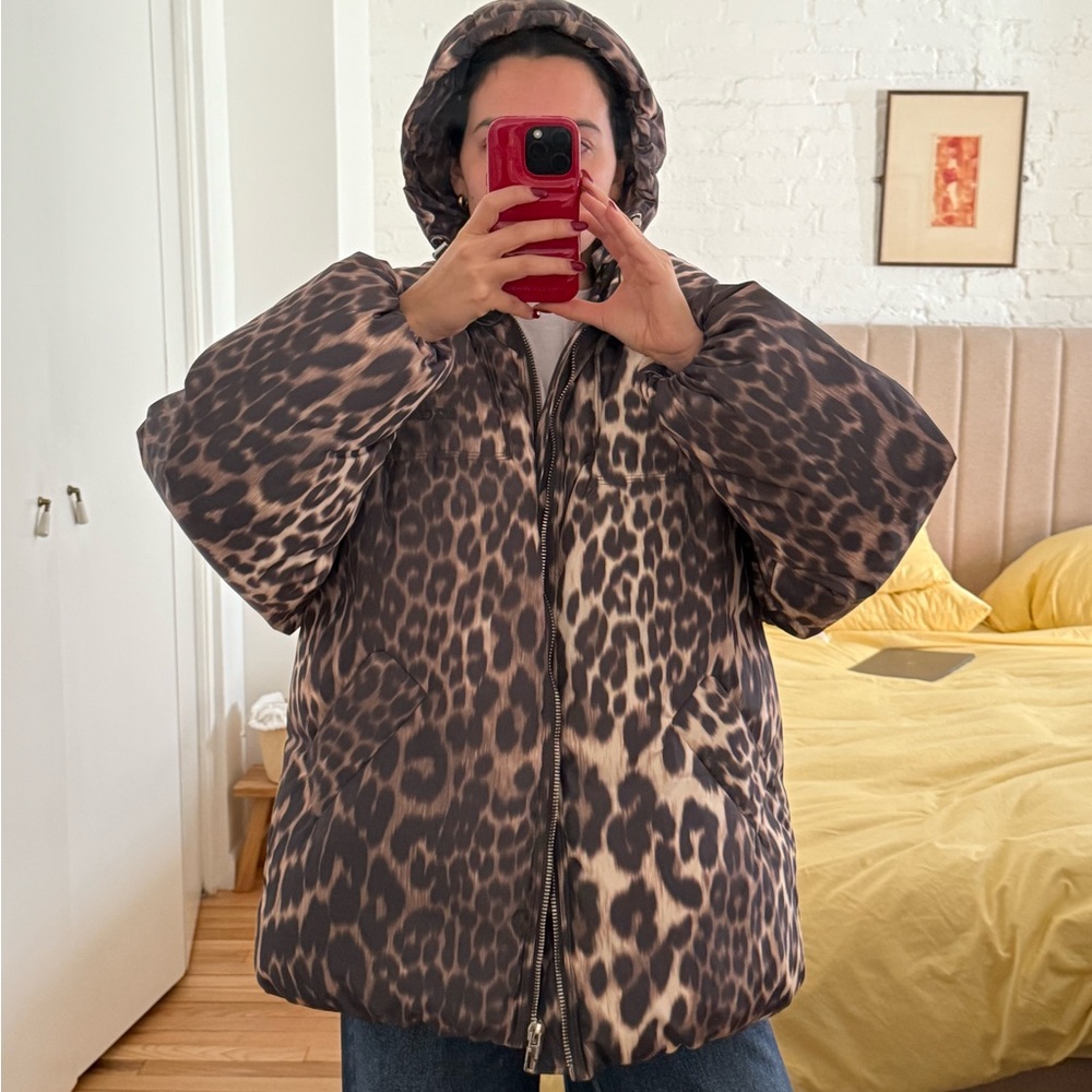 GANNI LEOPARD MIDI PUFFER JACKET